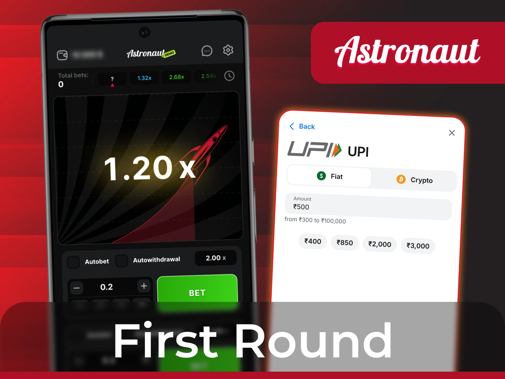 Make your first steps to start winnings Astronaut crash game.