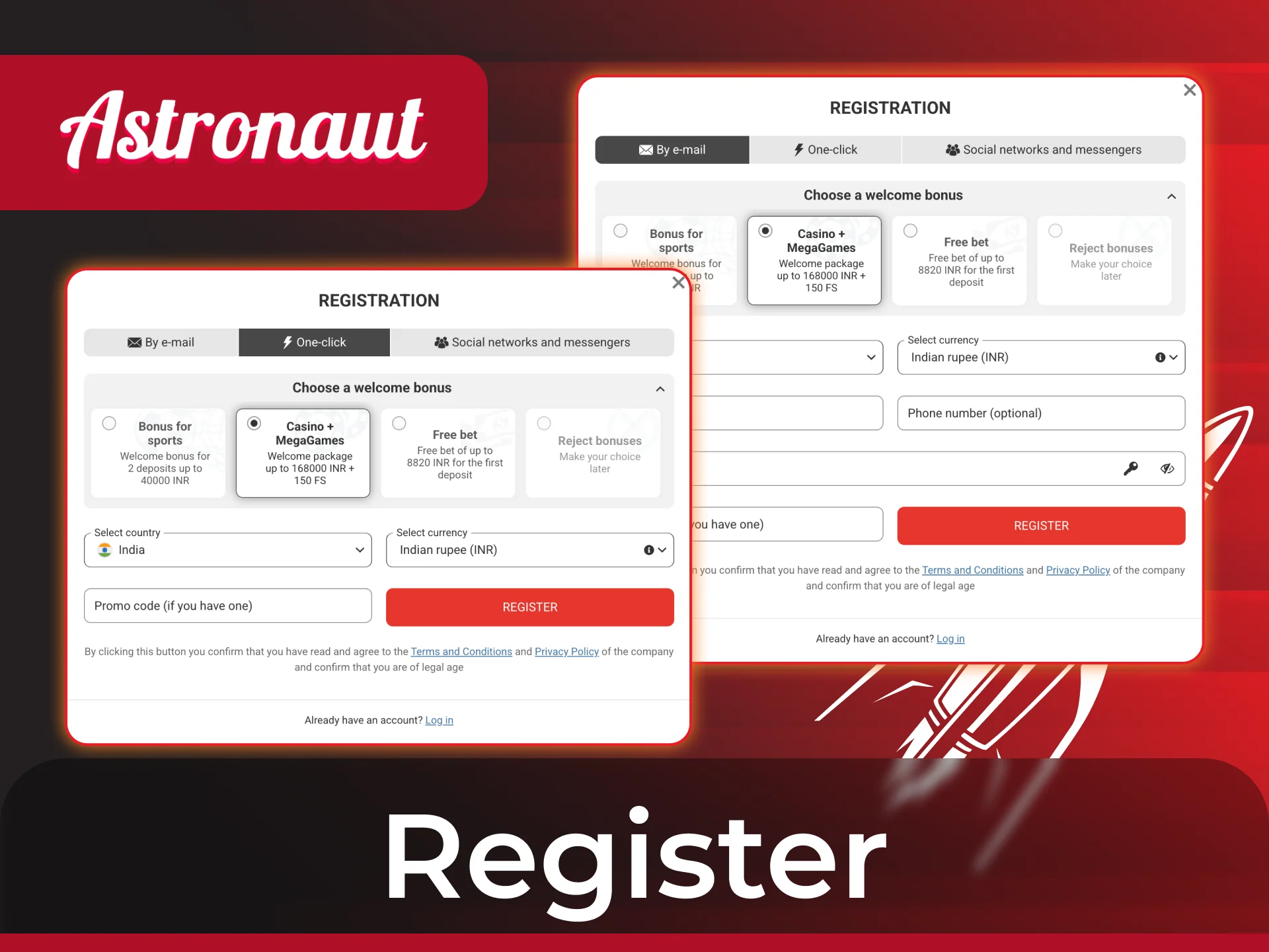 Choose online casino to register for playing Astronaut game.